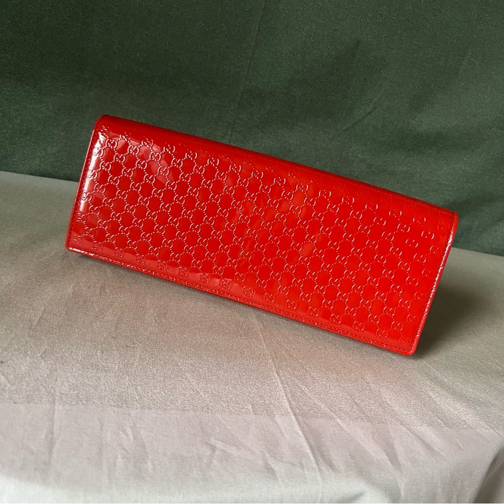 Gucci Red Patent Leather Gg Monogram Flap Long Clutch